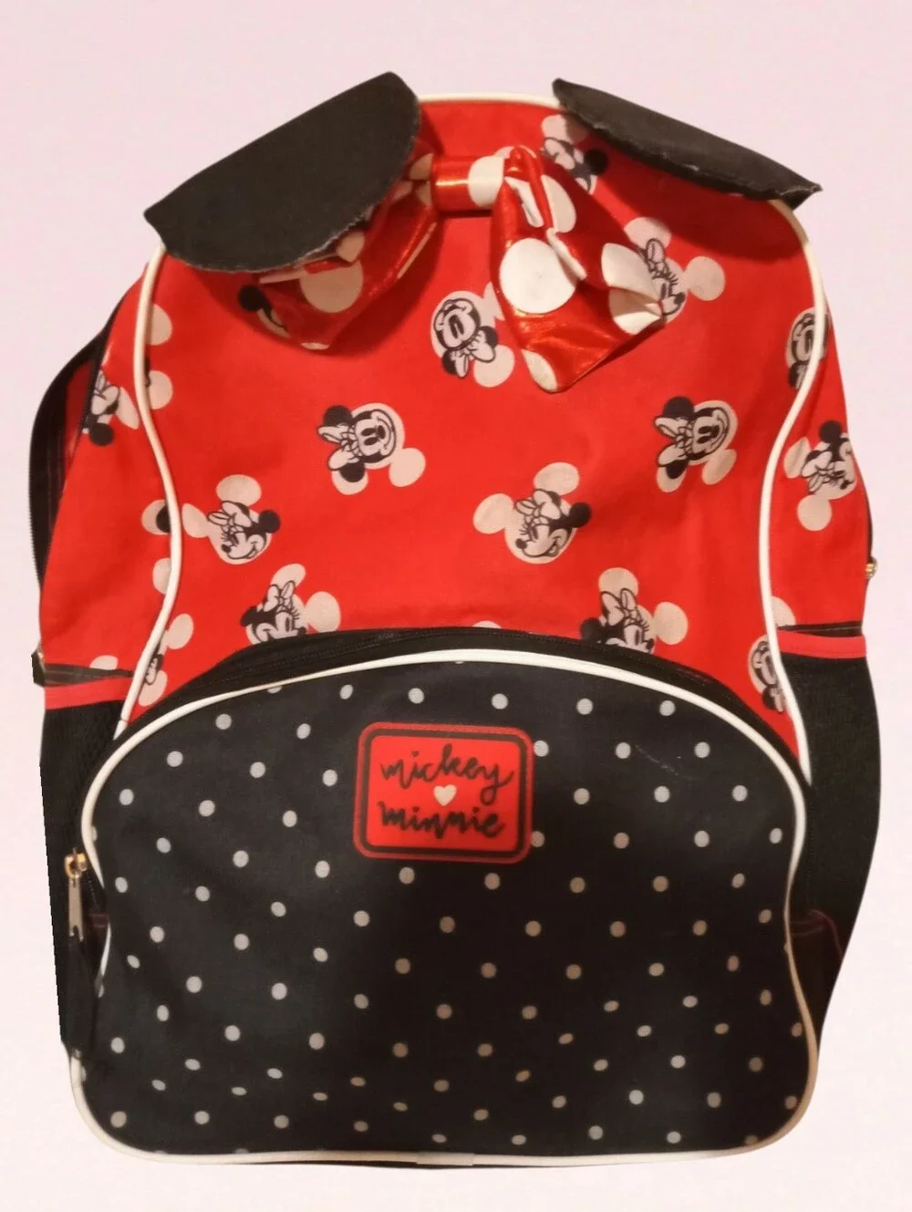 SUPER CUTE Disney Mickey and Minnie Mouse Red and Black Polka Dot Backpack